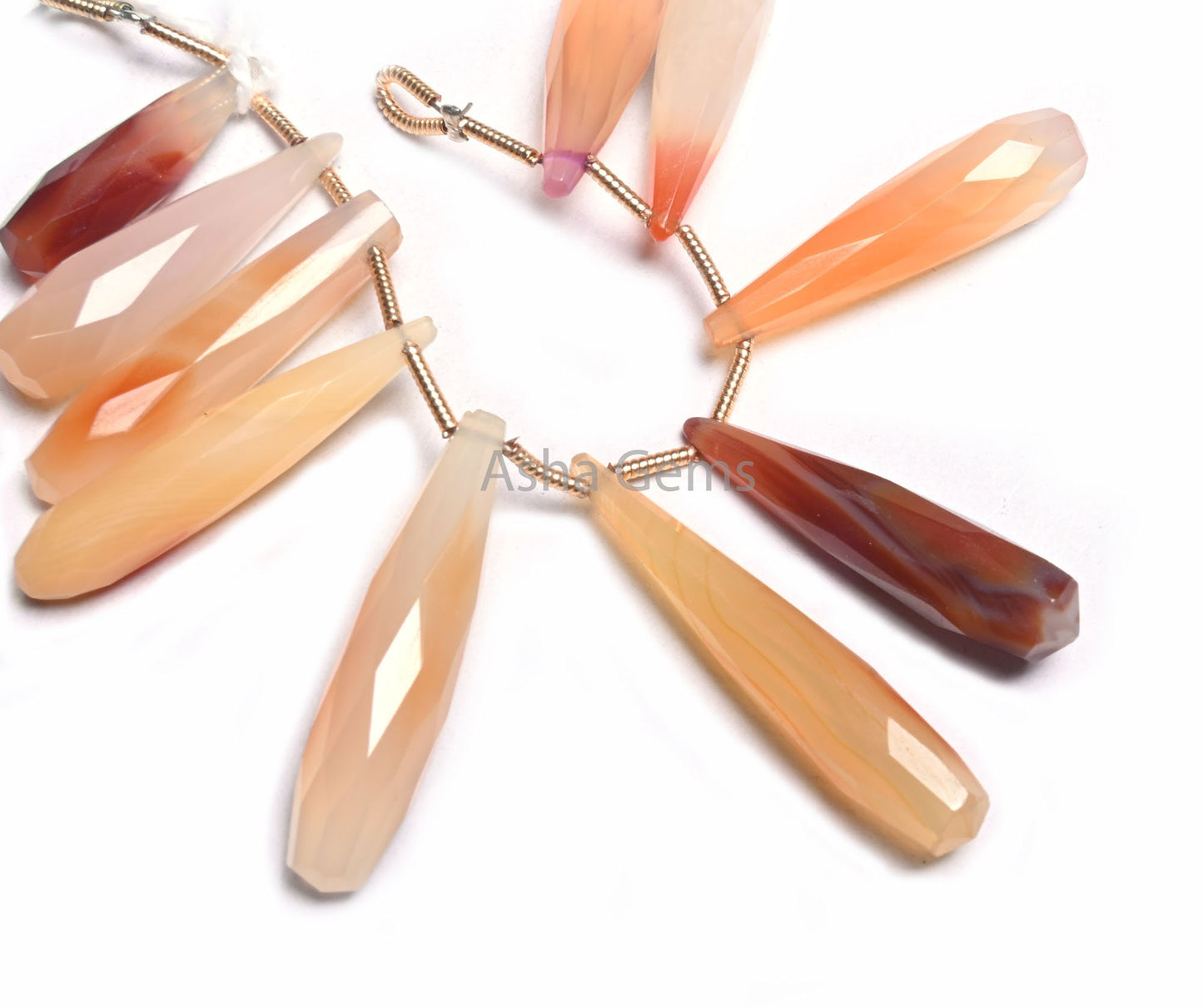 Shaded White Orange Red Chalcedony Fancy Pencil Drops Faceted Beads, 6x21-7x31mm Chalcedony Long Teardrop Briolette Gemstone Beads Jewelry