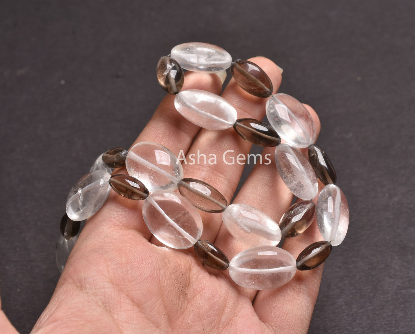Fine Natural White Crystal Oval + Smoky Loi Shape Smooth Beads Necklace,17 Inch Multi Quartz Plain Handmade Gemstone Fancy Bead Jewelry SALE