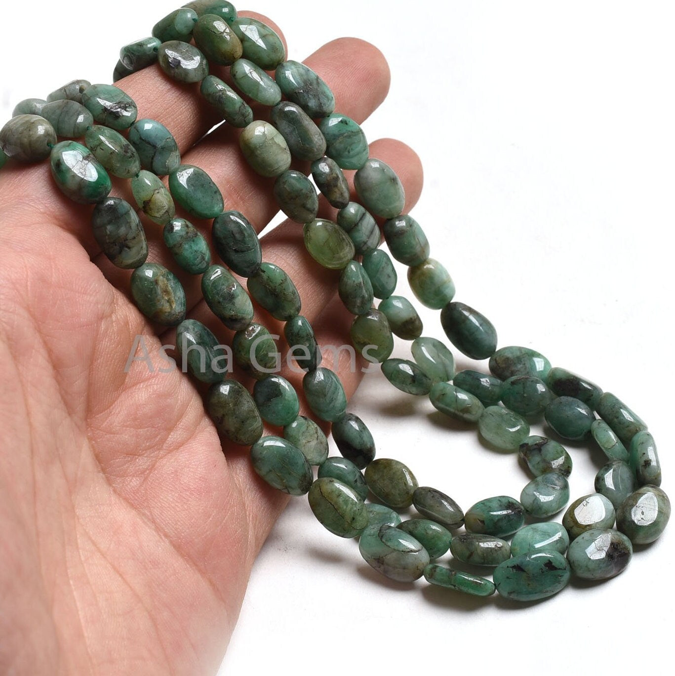 Beautiful Emerald Smooth Oval Gemstone Beads Necklace,7x9-8x12mm Green Emerald Plain Uneven Oval Bead,3 Strand Necklace Emerald Bead Jewelry