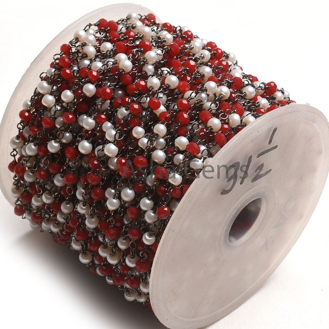 Beautiful Pearl Red Ruby Hydro Beads Rosary Chain,3mm Black Plated Gunmetal Wire Wrap Handmade Beaded Chain For Necklace Making Jewelry SALE