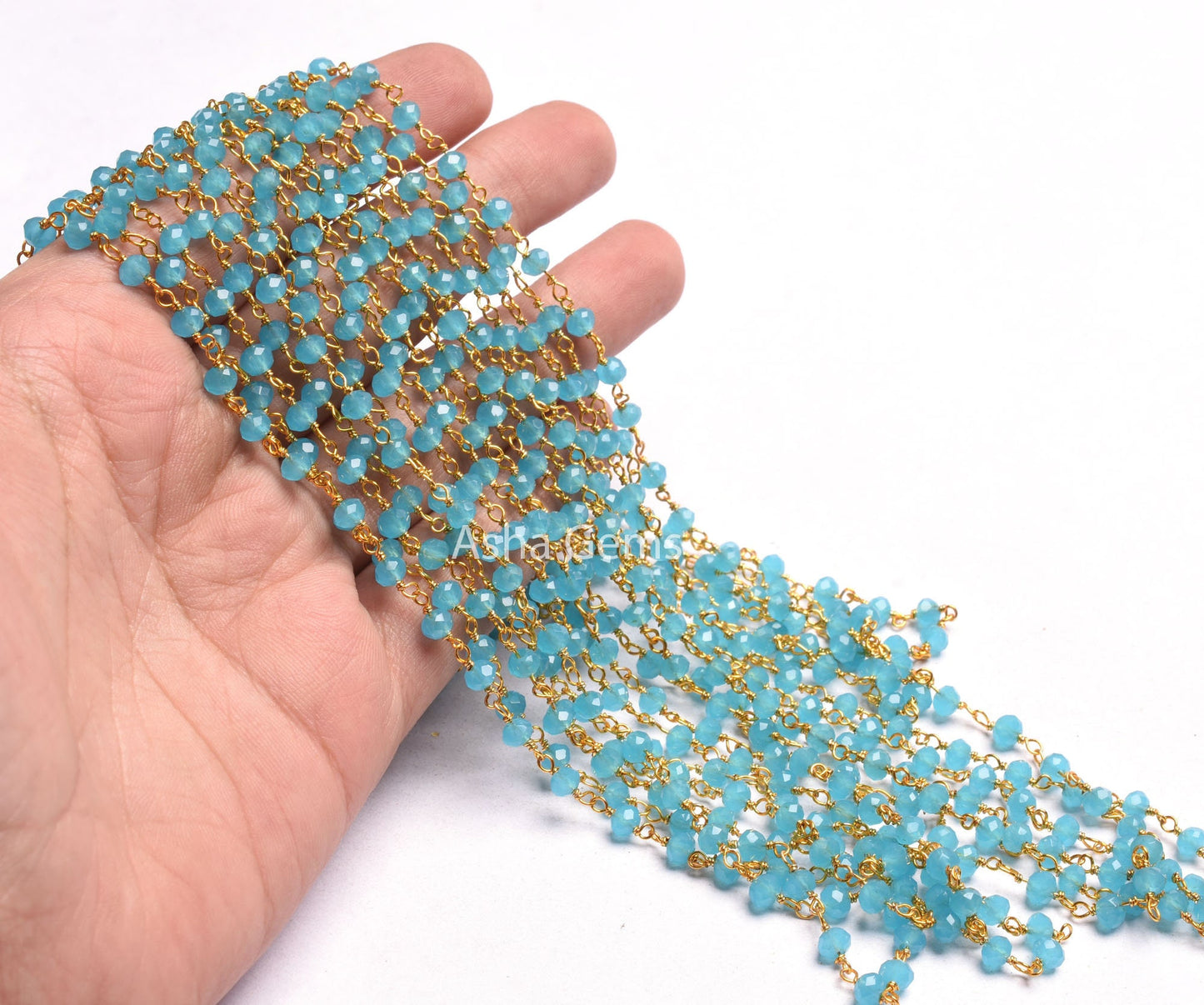 4 mm Blue Milky Chalcedony Hydro Beads Rosary Chain 1,3,5,10,25 Feet Gold Plated Wire Wrap Faceted Rondelle Beaded Rosary Chain Jewelry SALE