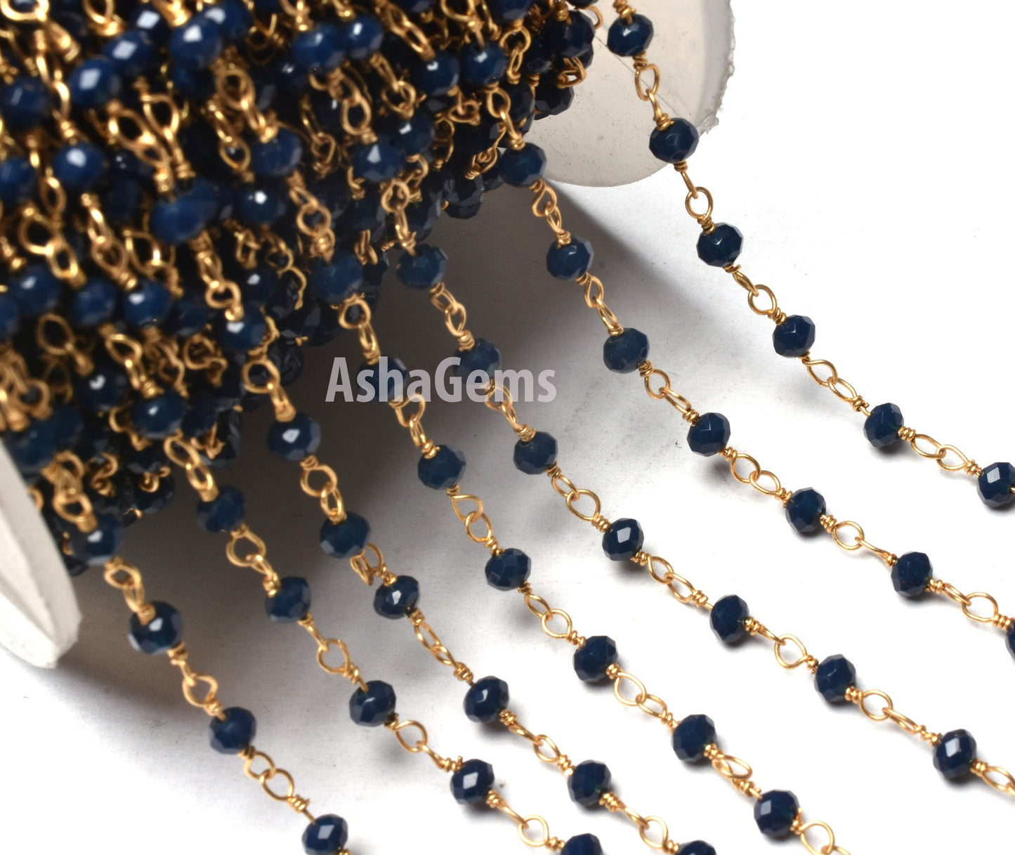 1,3,5,10,50 Ft Blue Sapphire Hydro Faceted Rondelle Beaded Rosary Chain,Gold Plated,Jewelry Making,Rosary Chain 3-3.5mm, Wire Wrapped Chain