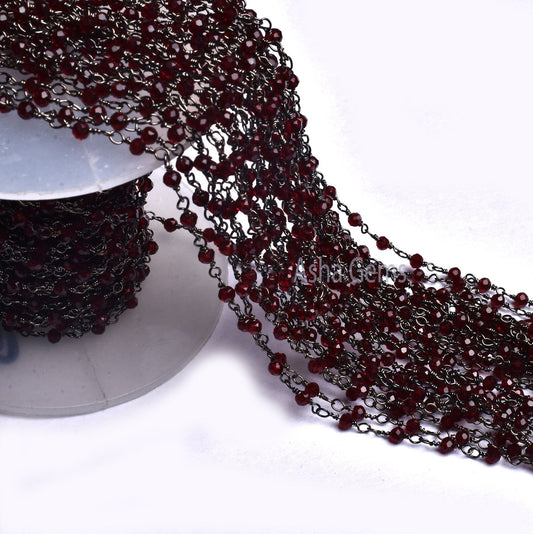 3,10,50 Feet Bulk Roll Garnet Micro Cut Faceted Beads Rosary Chain Gunmetal Rondelle Beaded Chain Black Plated Wire Wrap Chain Jewelry Craft
