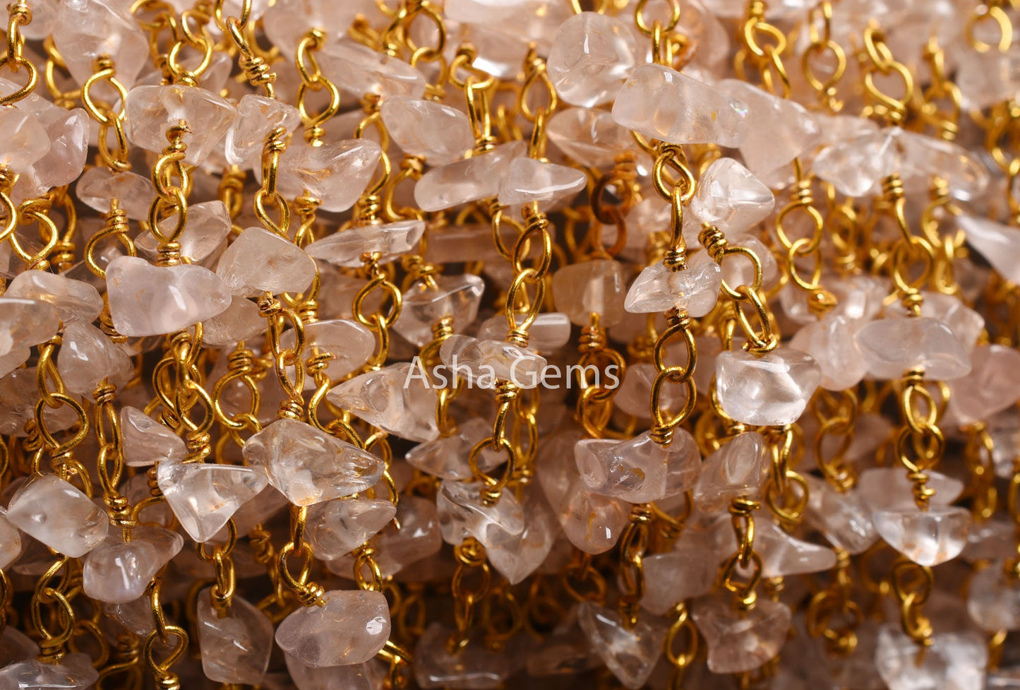 Natural Pink Rose Quartz Uncut Chips Beads Rosary Chain Gemstone Nugget Gold Plated Wire Wrap Beaded Chain By Foot, Jewelry Making Necklace