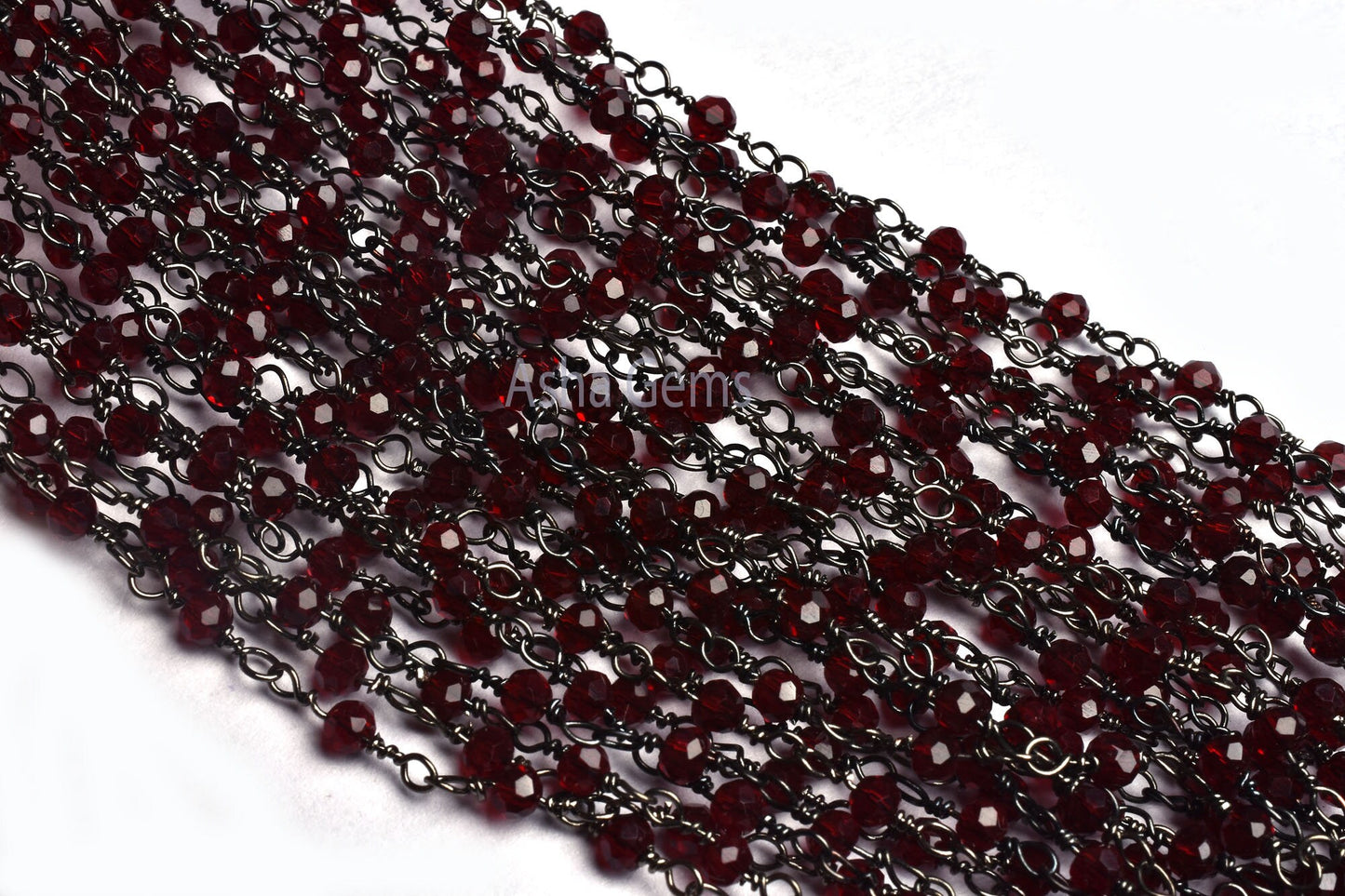 3,10,50 Feet Bulk Roll Garnet Micro Cut Faceted Beads Rosary Chain Gunmetal Rondelle Beaded Chain Black Plated Wire Wrap Chain Jewelry Craft