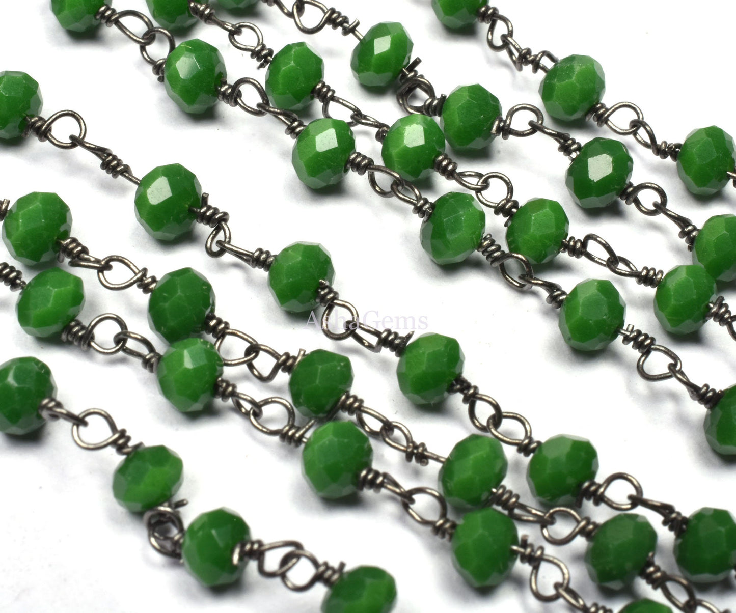 Beautiful Green Agate Hydro Rondelle Faceted Beads Rosary Chain Gunmetal Wire Wrap Black Plated Chain Jewelry Makin Handicraft Chain By Feet