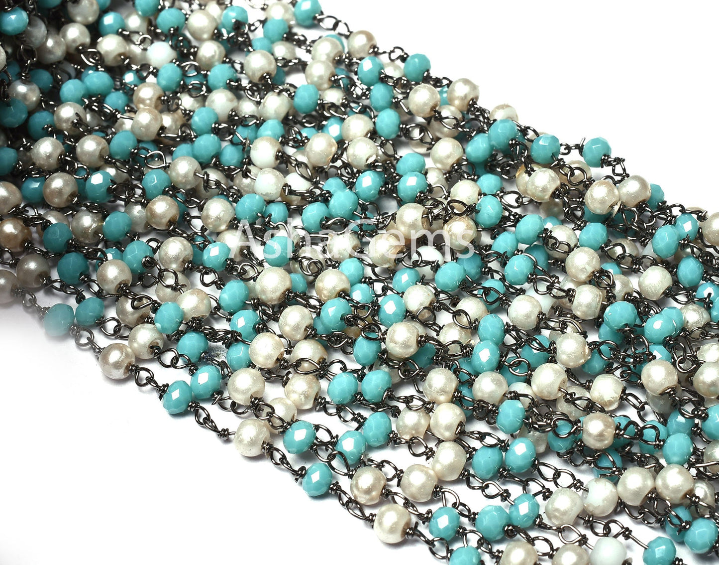 Rosary Chain Pearl, Blue Turquoise Hydro Rondelle Beads Rosary Chain Multi Color Black Plated Gunmetal Wire Wrap Beaded Chain Jewelry Crafts