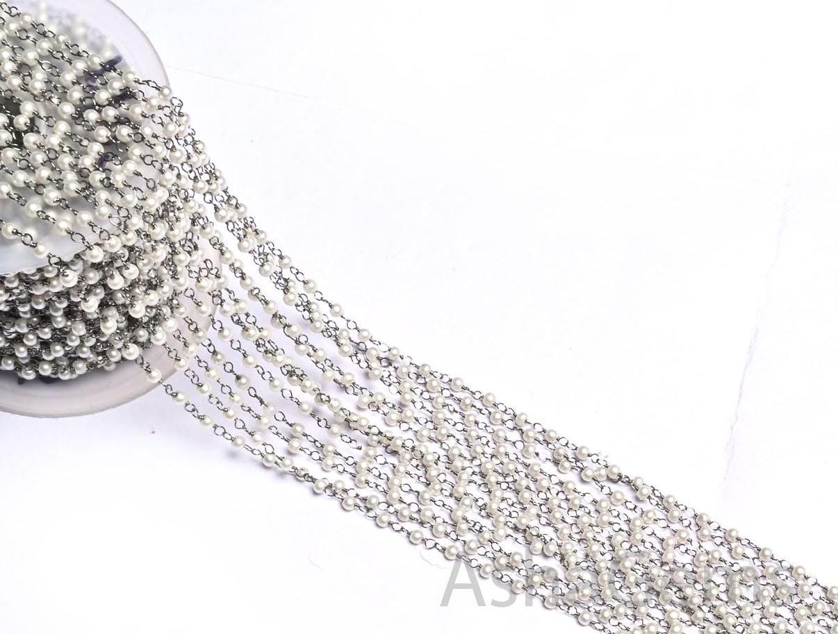 Beautiful  White Pearl Hydro smooth Rondelle Beads Rosary Chain,3 mm Gold, Black Plated Wire Wrap Beaded handmade Chain Jewelry Making Craft