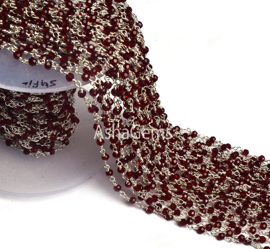 SALE 3,5,10,25 Feet Red Stone Hydro Faceted Rondelle Beaded Rosary Chain Silver Plated Wire,Red Stone Jewelry Making Finding, Chain 3mm