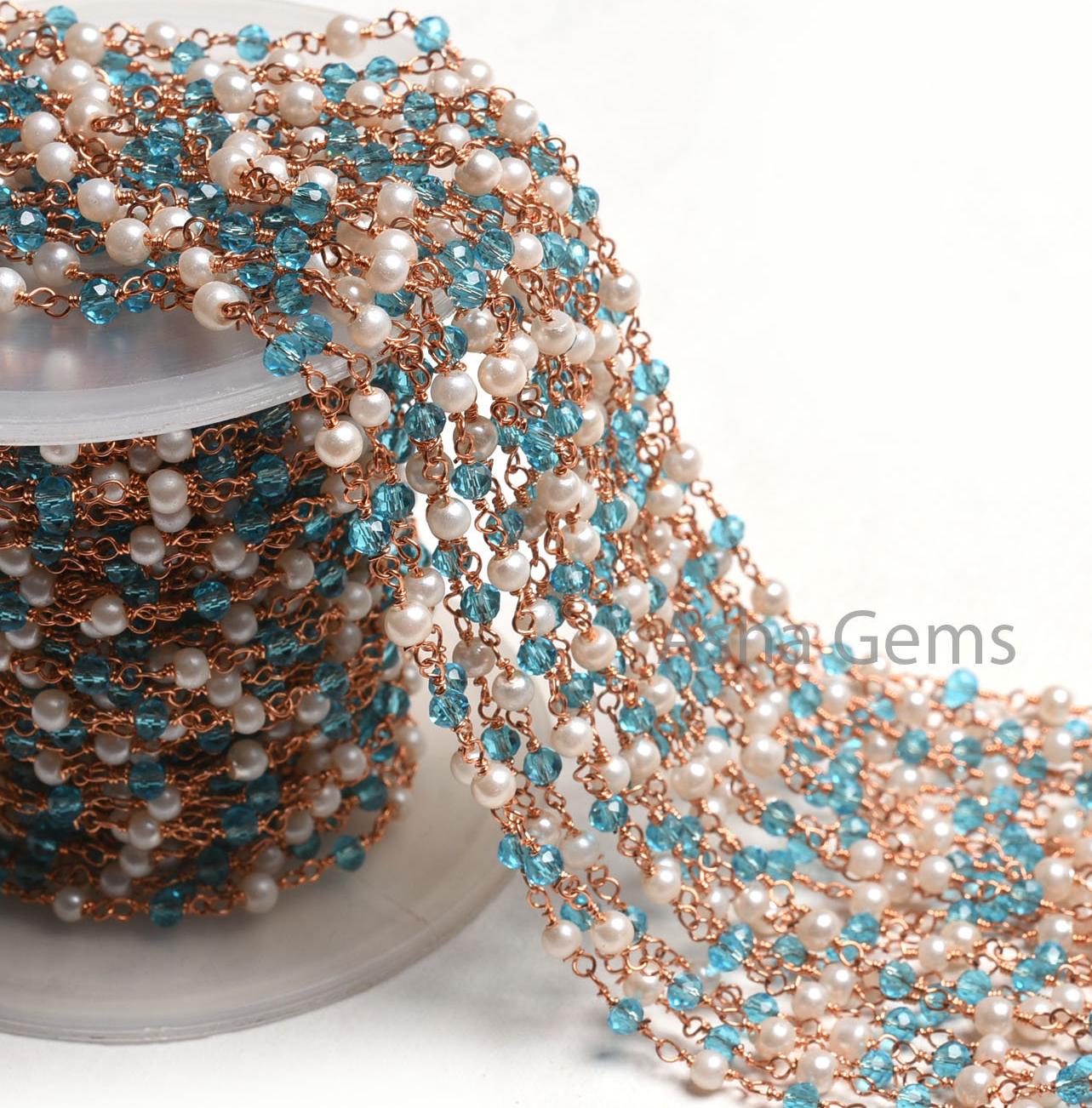 3,5,10,25,50Feet White Pearl, Blue Topaz Hydro Beads Rosary Chain Rondelle Beaded Rose Gold Plated Copper Wire Wrap Jewelry Making Chain 3mm