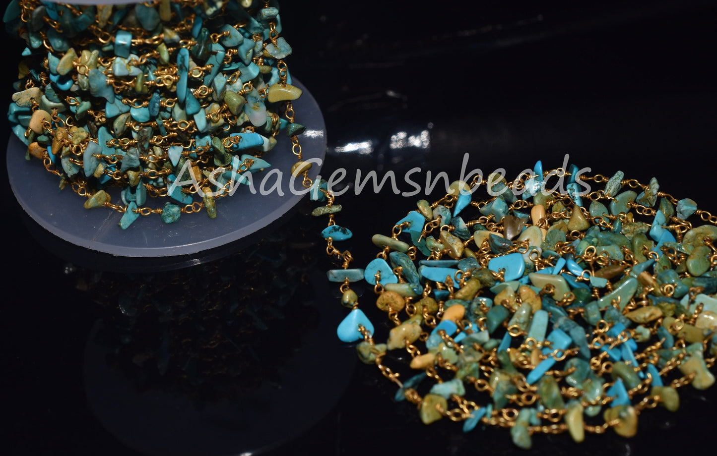 Natural Turquoise Uncut Chips Rosary Beaded Chain,Blue Turquoise Nugget Beads Rosary Chain,3,5,10 By Ft,Gold Plated Wire,Bulk Roll,Jewelry