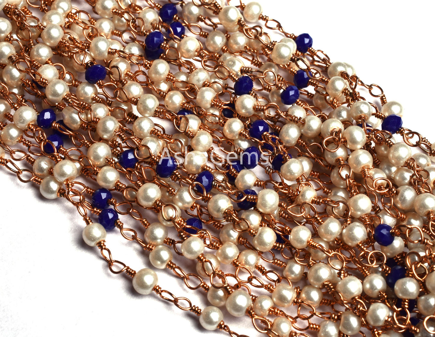Beautiful Pearl Blue Lapis Hydro Rondelle Beads Rosary Chain Rose Gold Plated Copper Wire Wrap Beaded Rosary Chain For Jewelry making Crafts