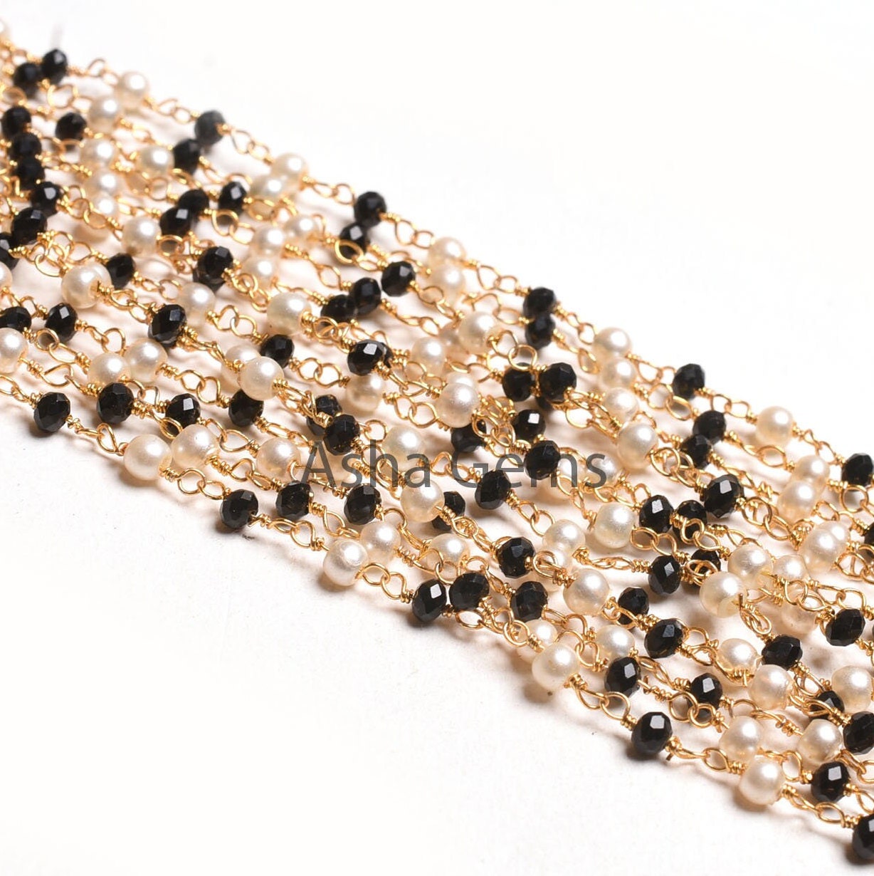 Beautiful Pearl Black Onyx Hydro Micro Cut Beads Rosary Chain, Gold Plated Wire wrap Bulk Rosary Chain By Foot Necklace Jewelry Making Chain