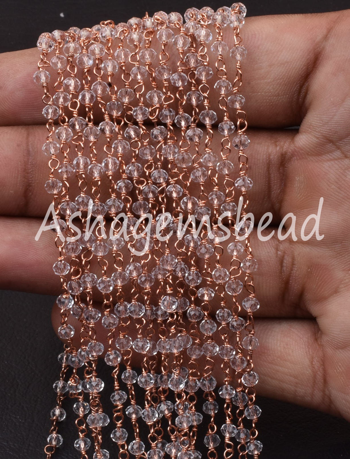 Beautiful White Crystal Quartz Hydro Faceted Rondelle Beads Rosary Chain,3mm Rose Gold Plated Copper Wire Chains Jewelry Making Rosary Chain