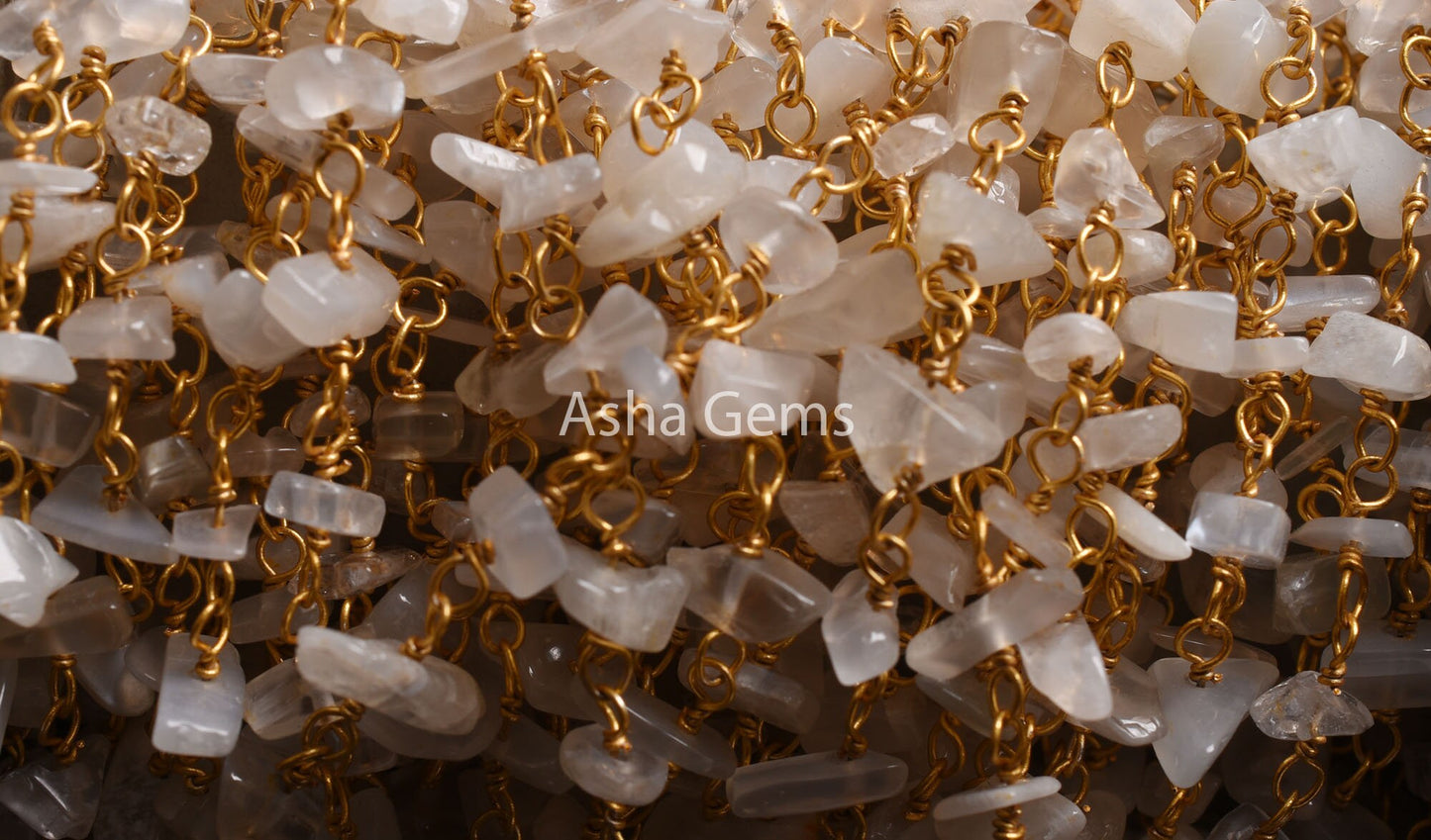 Natural White Moonstone Uncut Beads Rosary Chain, Gemstone Smooth Chip Beaded Chain Gold Plated Wire Wrap Nugget Chain Jewelry Necklace SALE
