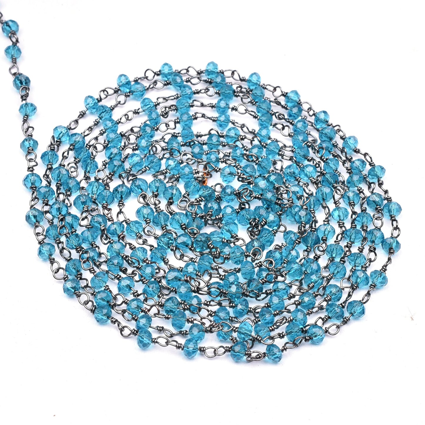 AAA Blue Topaz Hydro Faceted Rondelle Beads Rosary Chain Black Plated Gunmetal Wire Wrap Beaded Handmade Chain Jewelry Making Necklace Craft