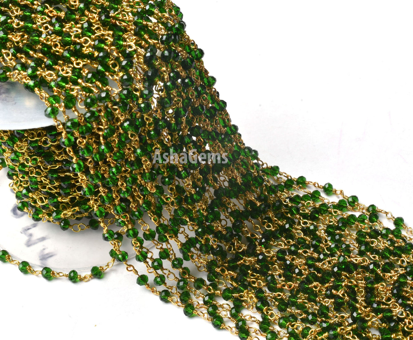 Green Chrome Diopside Hydro Faceted Rondelle Beads Rosary Chain Silver, Gold Plated Wire Wrap Jewelry Making Craft Beaded Rosary Chains SALE