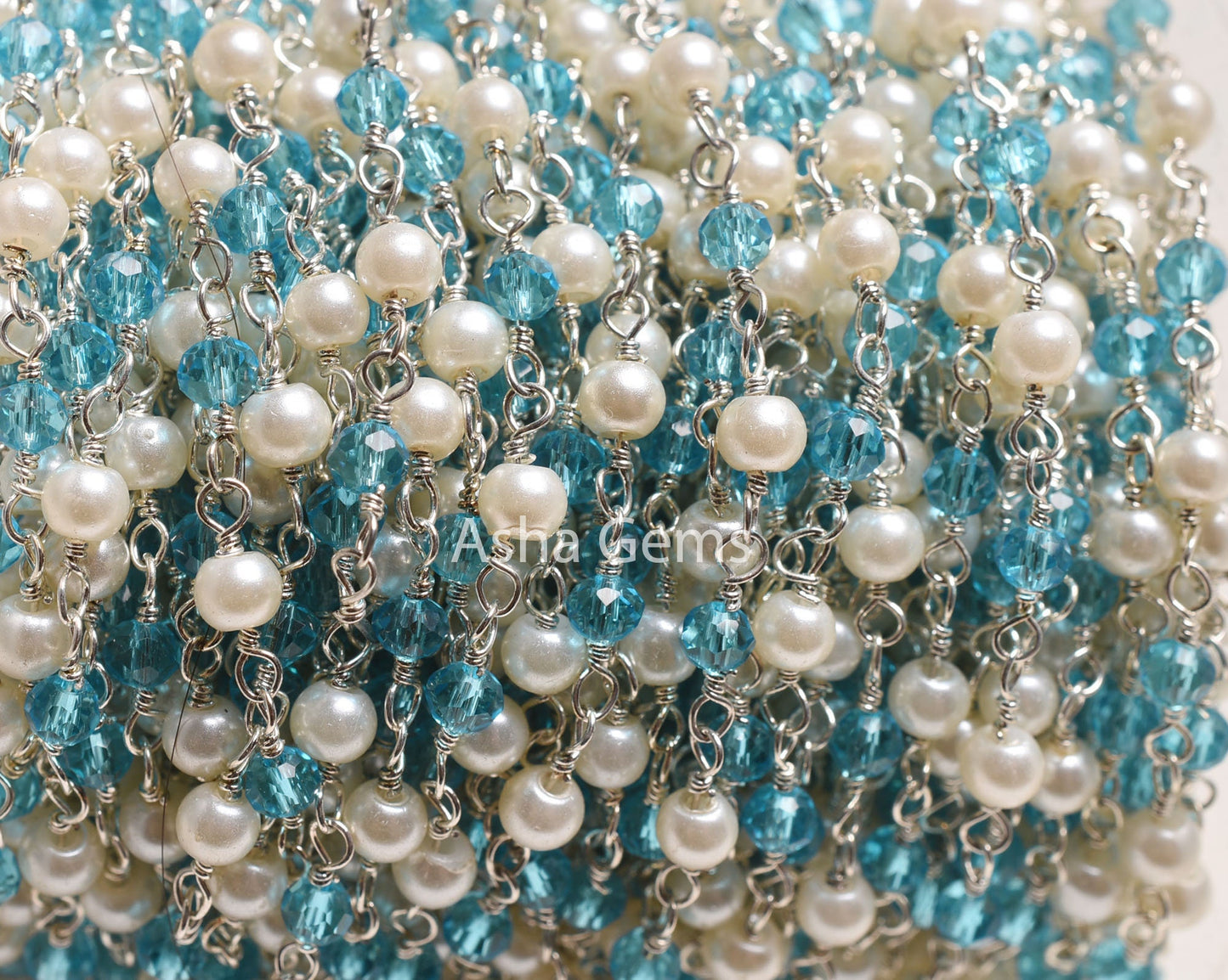 SALE Beautiful White Pearl, Blue Topaz Hydro Beads Rosary Chain, Faceted Rondelle Beaded Gold Plated Chain Wire Wrapped Jewelry Making Chain