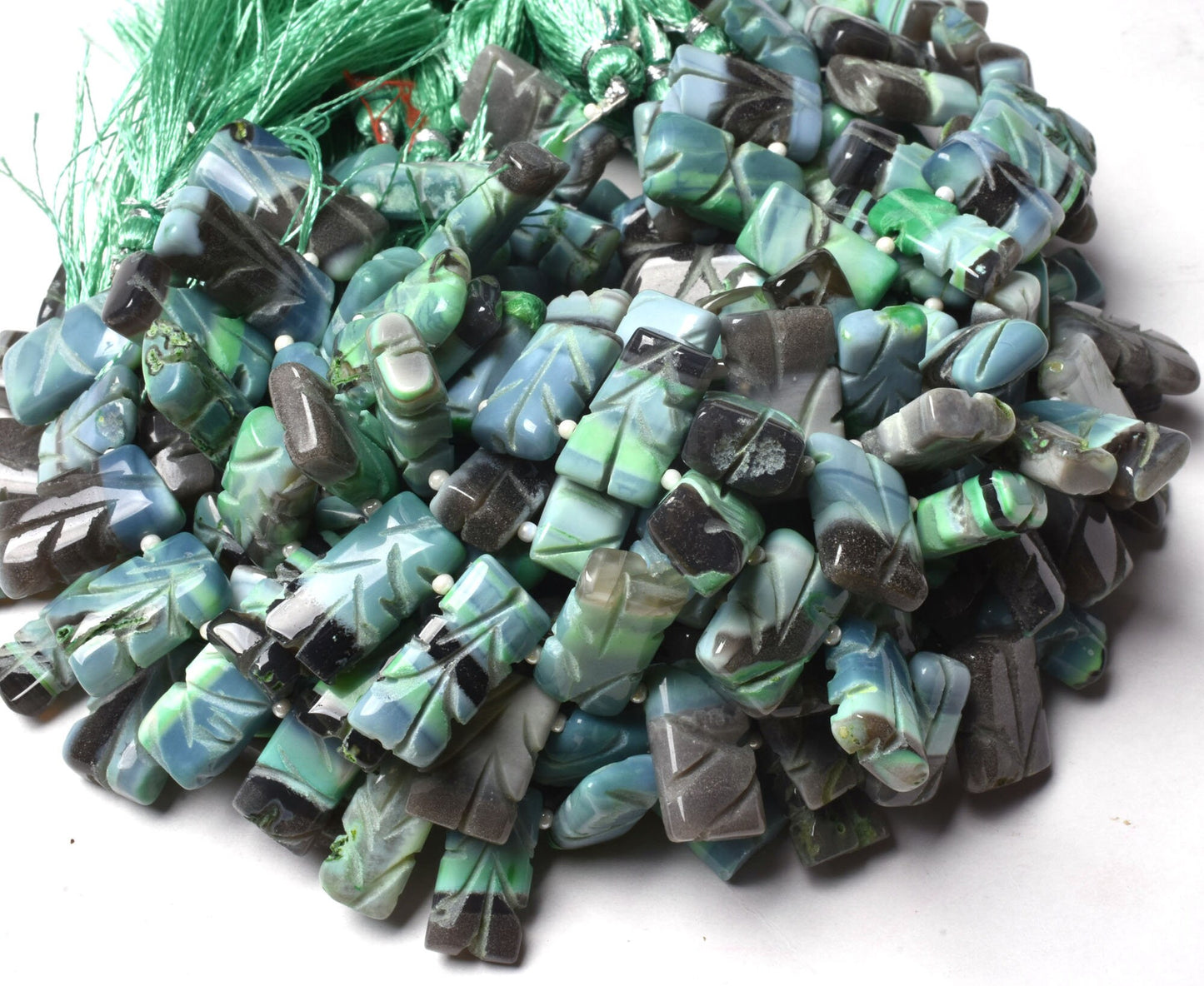 Rare Green Boulder Opal Fancy Rectangle Shape Carving Beads,8" Strand Green Opal Carve Beads, Boulder Opal Side Drill Carved Chiclet Beads