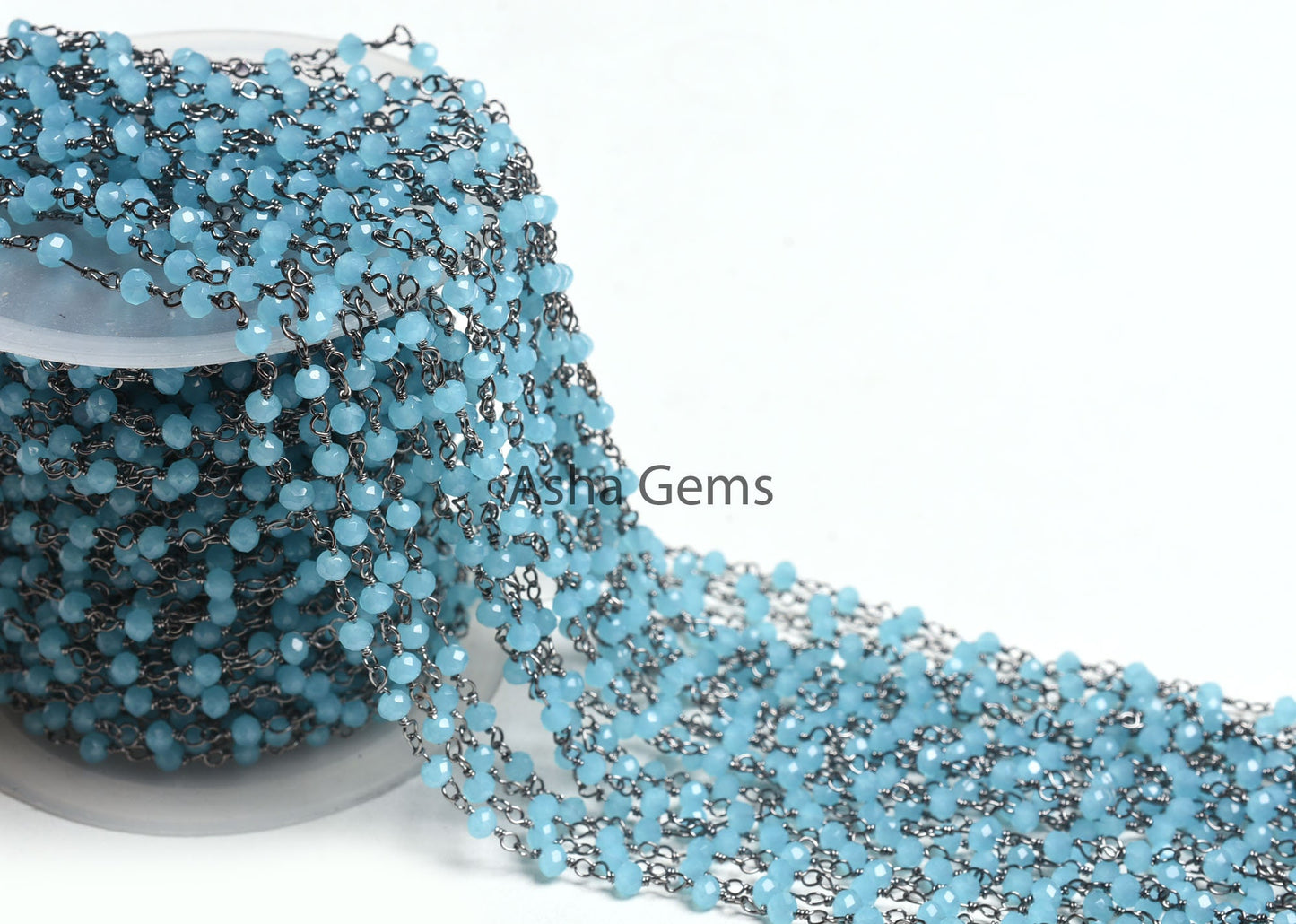 Beautiful Milky Aqua Blue Chalcedony Hydro Rondelle Beads Rosary Chain Black Plated Gunmetal Wire Wrap Micro Cut Beaded Chain Jewelry Crafts