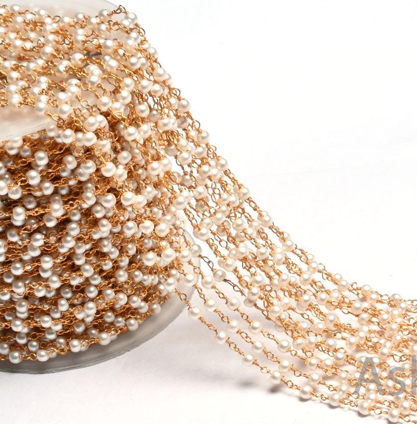 Beautiful  White Pearl Hydro smooth Rondelle Beads Rosary Chain,3 mm Gold, Black Plated Wire Wrap Beaded handmade Chain Jewelry Making Craft