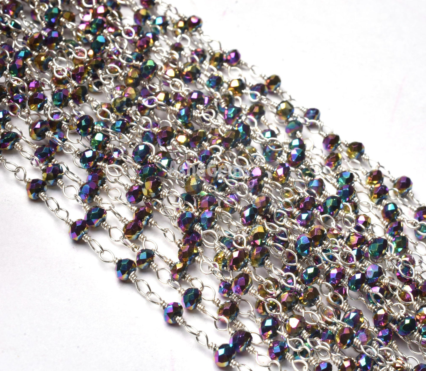 3,5,10,25 Ft Mystic Pyrite Hydro Faceted Rondelle Beads Rosary Chain Silver,Gold,Copper,Black Plated Wire Jewelry Making Wire Wrap Chain 3mm