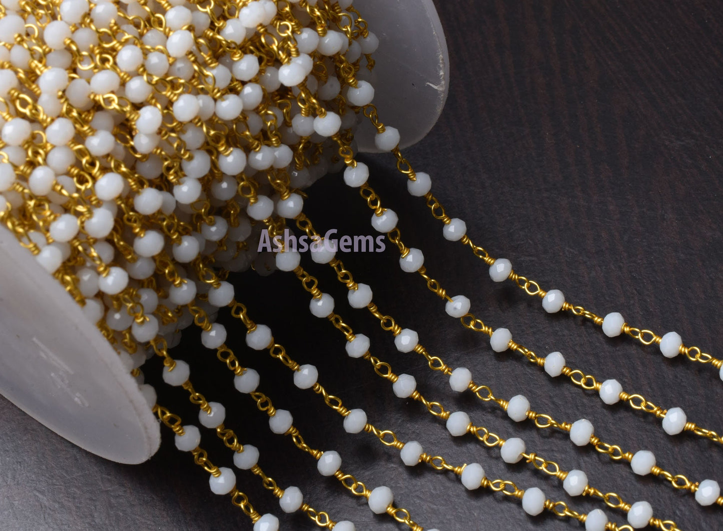 Beautiful White Agate Hydro Rondelle Faceted Beads Rosary Chain,3-3.5 mm Gold Plated Wire Wrap Beaded handmade Chain Rosary Jewelry Necklace