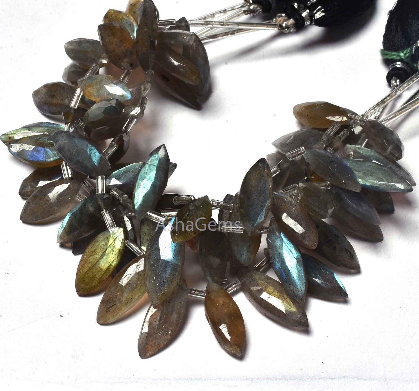 labradorite Faceted Marquise Shape Beads,6" Strand Labradorite Side Drill Beads, Natural Multi Fire Black Rainbow Marquise Briolette Beads