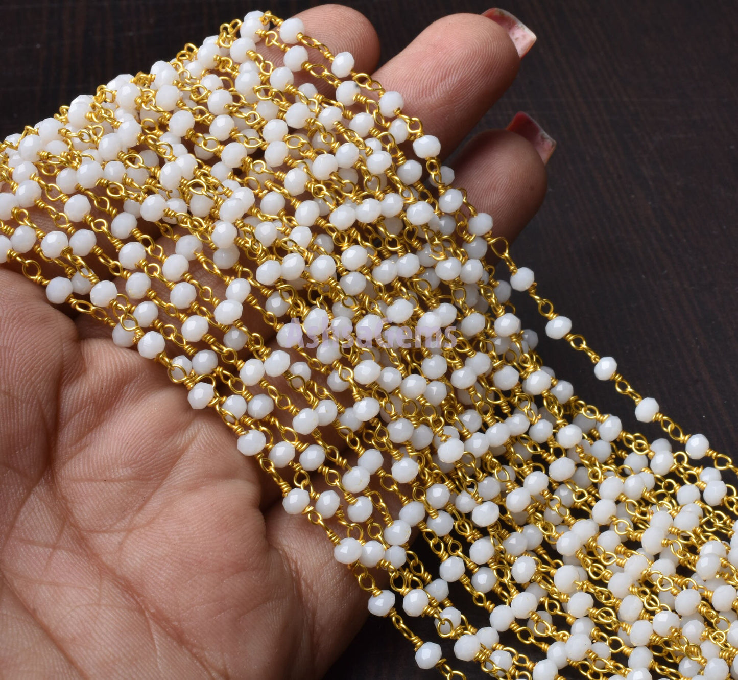 Beautiful White Agate Hydro Rondelle Faceted Beads Rosary Chain,3-3.5 mm Gold Plated Wire Wrap Beaded handmade Chain Rosary Jewelry Necklace