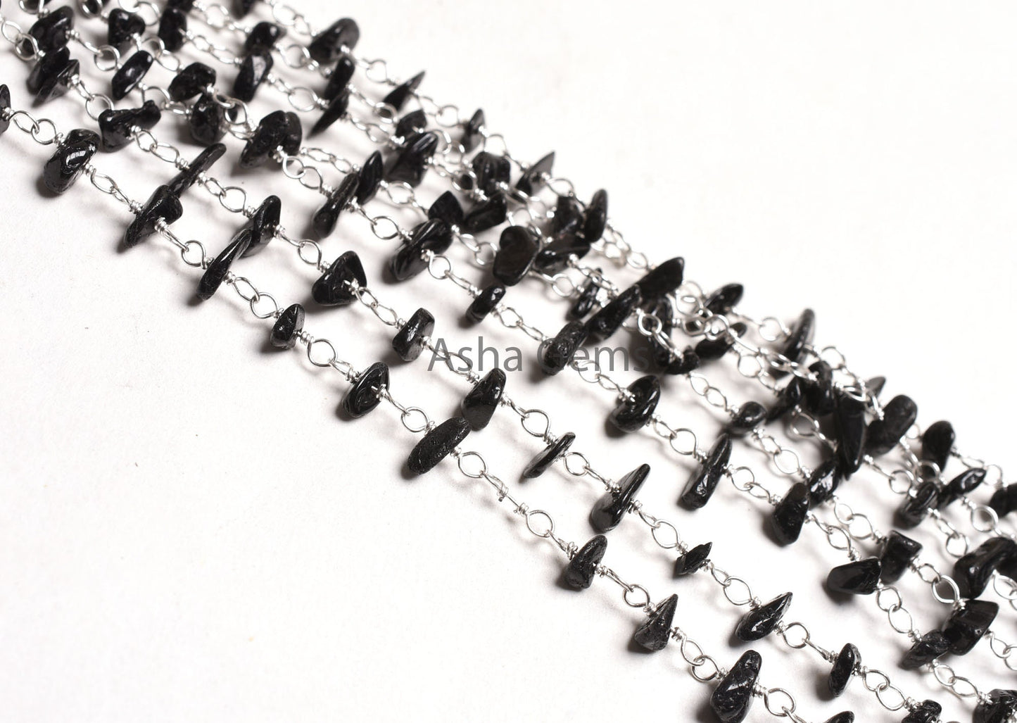 1,3,5,25 Foot, Natural Black Tourmaline uncut Chip Beads Rosary Chain Silver Plated wire Bulk Roll Tourmaline Beaded Rosary Chain For Crafts