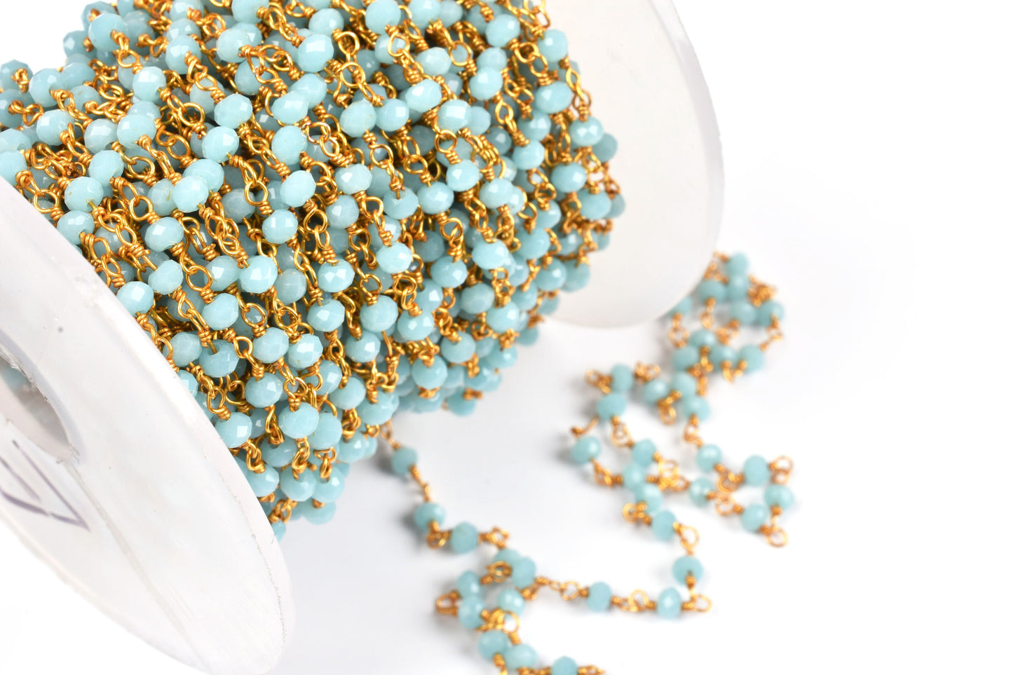 Beautiful Blue Larimar Hydro Faceted Rondelle Beads Rosary Chain By Feet,3 mm Gold Plated Wire Wrapped Handmade Beaded Chains Jewelry Crafts