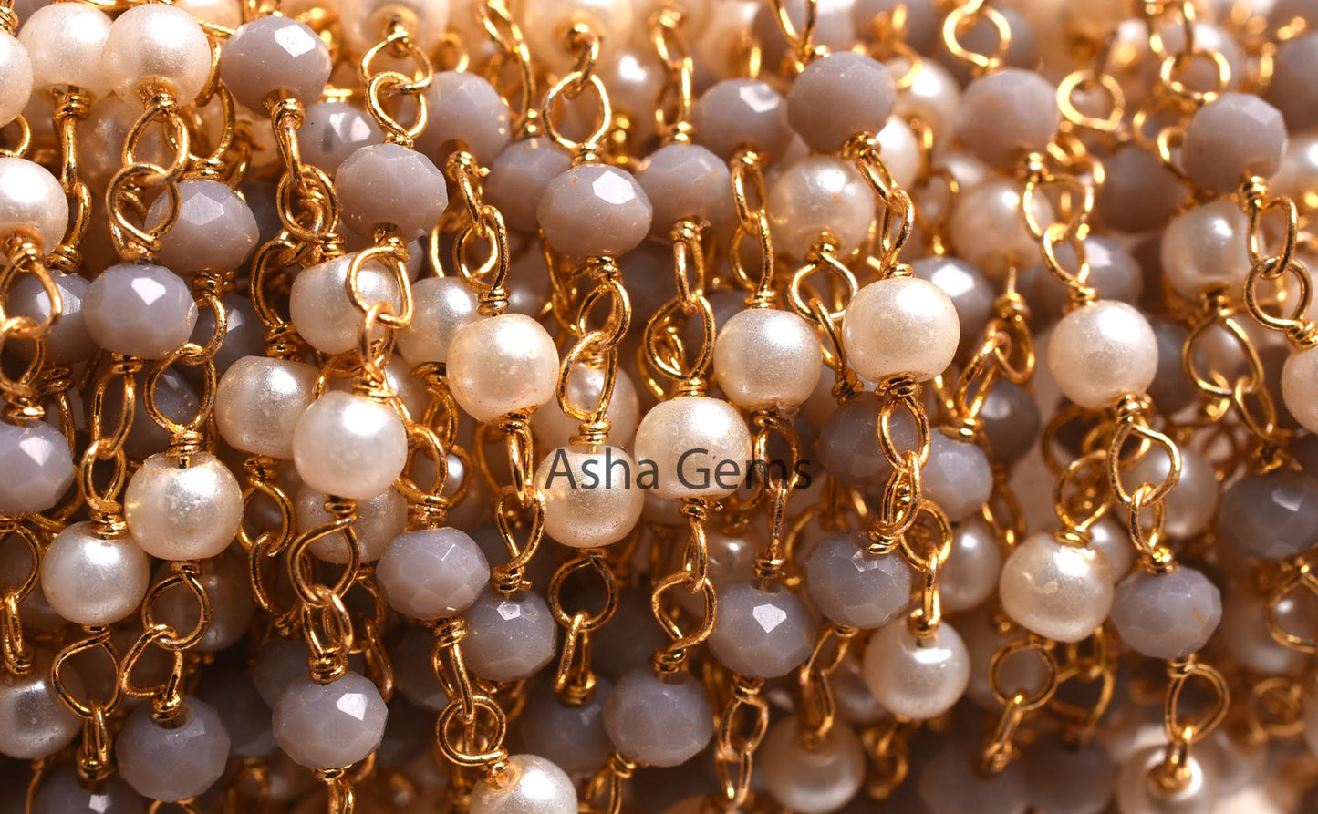 SALE Beautiful White Pearl, Grey moonstone Hydro Beads Rosary Chain, Faceted Rondelle Beaded Gold Plated, Wire Wrapped Jewelry Making Chain