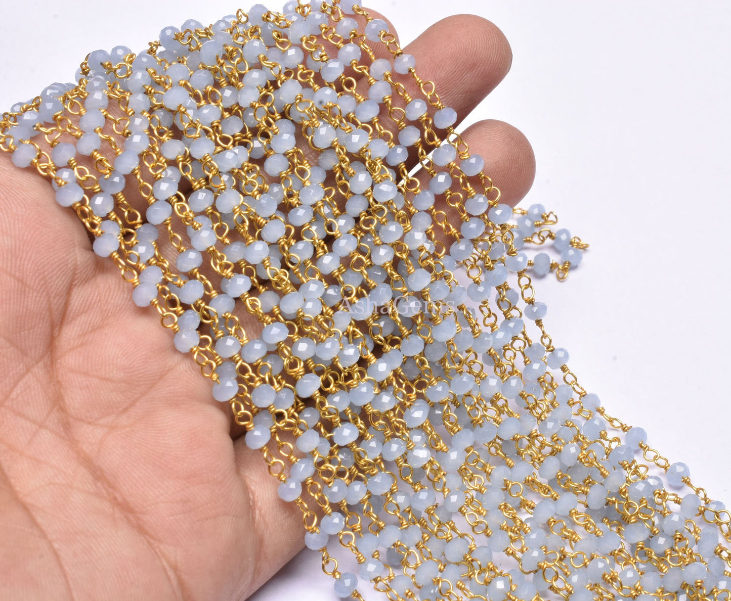 3,5,10 Feet,Aquamarine Hydro Faceted Rondelle Beaded Rosary Chain Gold Plated,Jewelry Making, Finding, Wire Wrapped Chain,3-3.5 mm