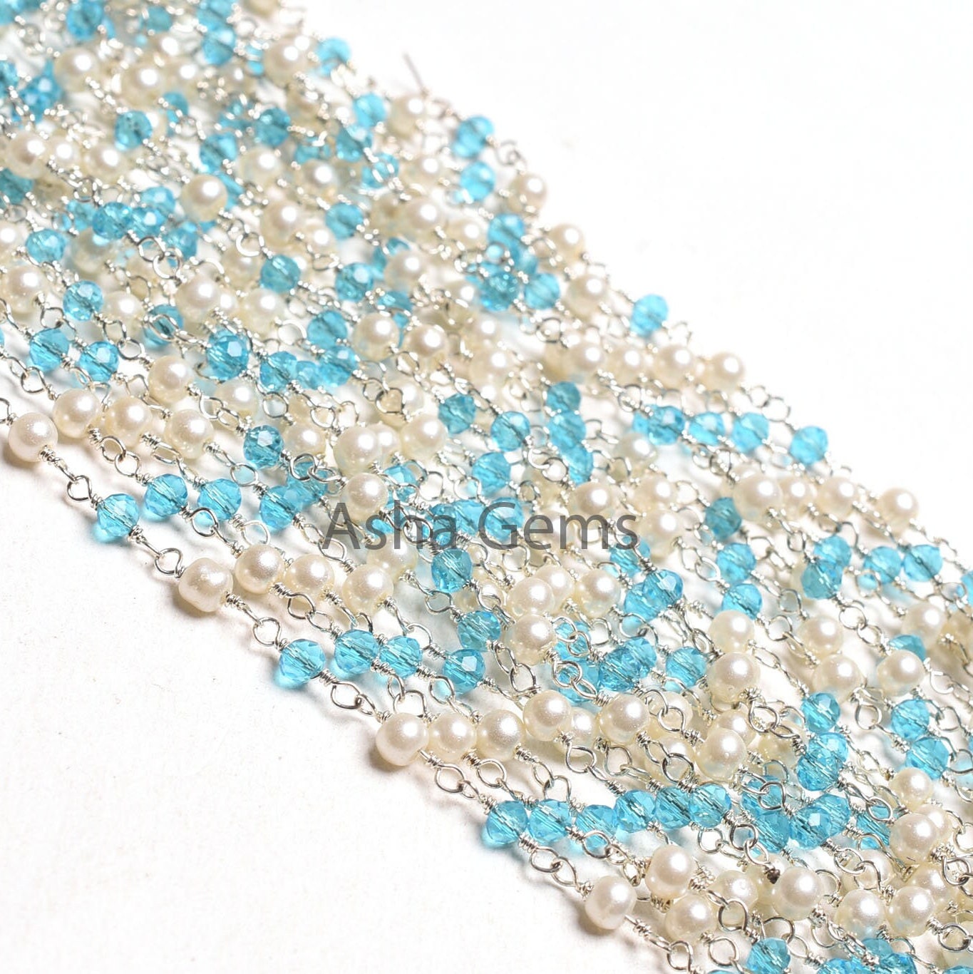 SALE Beautiful White Pearl, Blue Topaz Hydro Beads Rosary Chain, Faceted Rondelle Beaded Gold Plated Chain Wire Wrapped Jewelry Making Chain