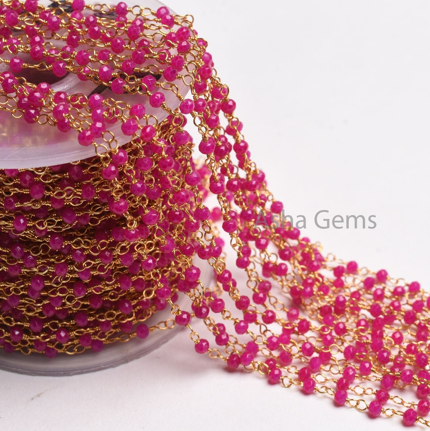 AAA Pink Chalcedony Hydro Faceted Beads Rosary Chain Gold Plated Wire Wrapped Rondelle Micro Cut Beaded handmade Chain Necklace making Craft