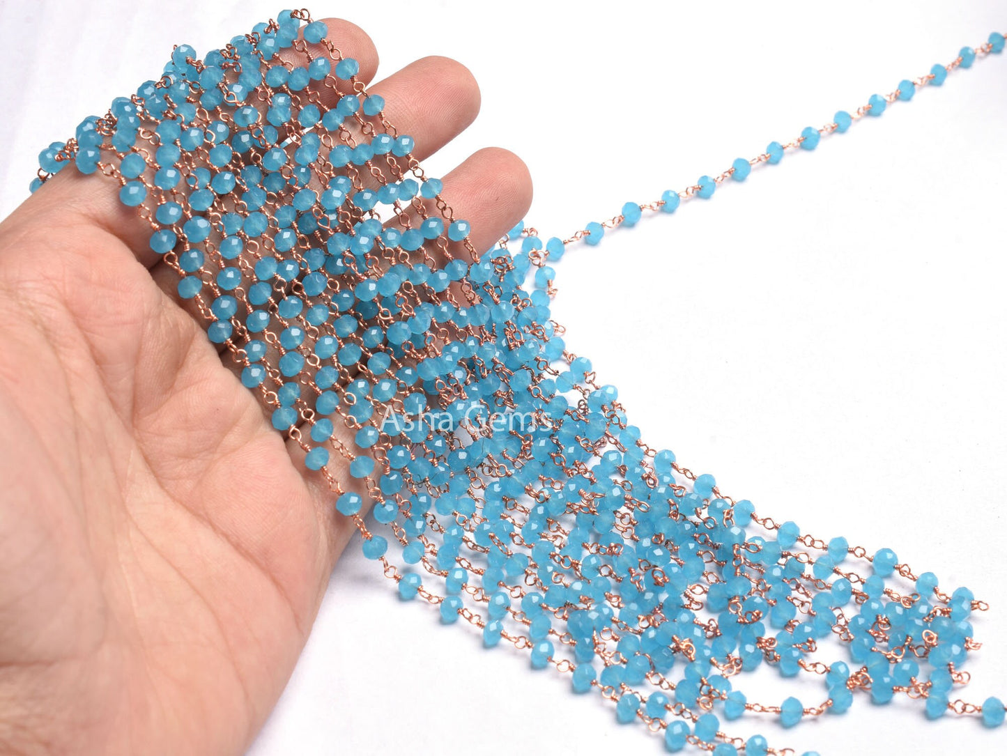 4mm Dark Blue Milky Chalcedony Hydro Faceted Rondelle Beads Rosary Chain Rose Gold Plated Copper Wire Wrap handmade Bead Chain Jewelry Craft