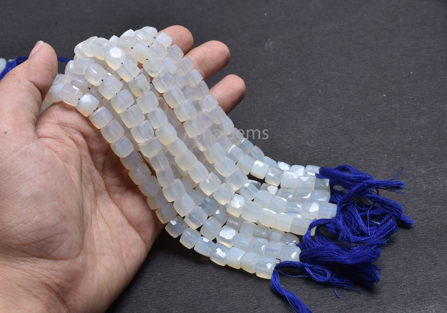 8" Strand White Chalcedony Faceted Cube Gemstone Beads, Natural Chalcedony Indian Cut 3D Cube Box Center Drill Bead Chalcedony Beads Jewelry