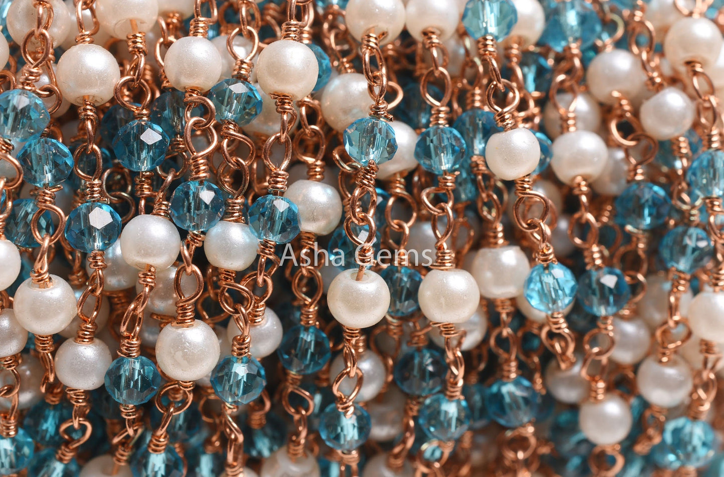 3,5,10,25,50Feet White Pearl, Blue Topaz Hydro Beads Rosary Chain Rondelle Beaded Rose Gold Plated Copper Wire Wrap Jewelry Making Chain 3mm