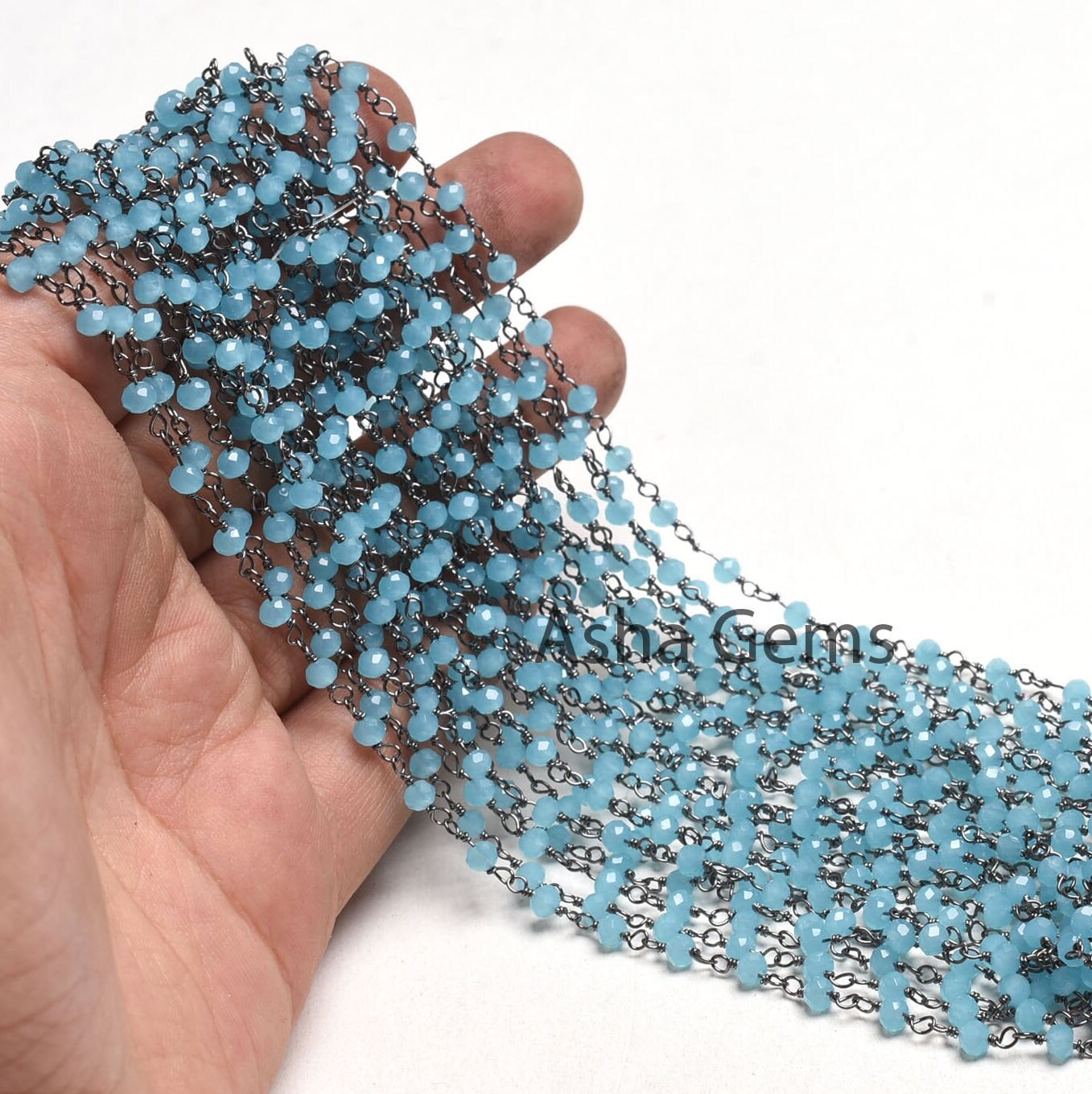 Beautiful Milky Aqua Blue Chalcedony Hydro Rondelle Beads Rosary Chain Black Plated Gunmetal Wire Wrap Micro Cut Beaded Chain Jewelry Crafts