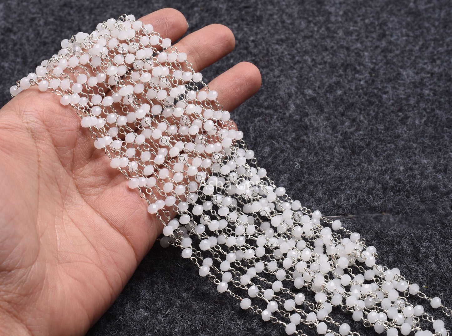 4mm White Moonstone Hydro Micro Cut Beads Rosary Chain Silver Plated Wire Wrap Beaded White Crystal handmade Chain Rosary Jewelry Craft SALE