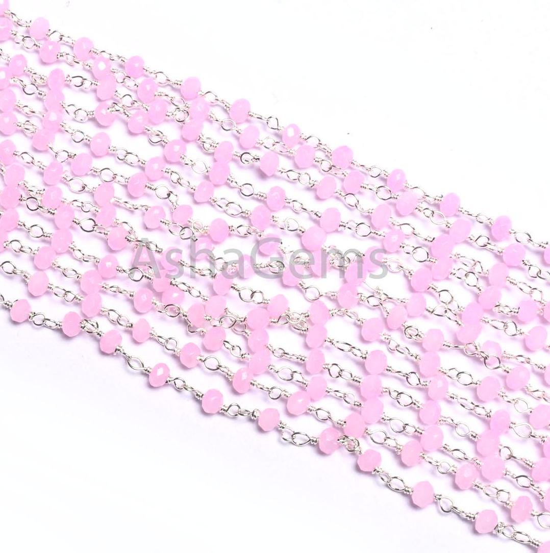 SALE Rosary Chain Silver, Gold, Black Plated Wire Wrap 3,10,25 Foot Pink Rose Quartz Hydro Faceted Bead Chain Jewelry Making Finding,3-3.5mm