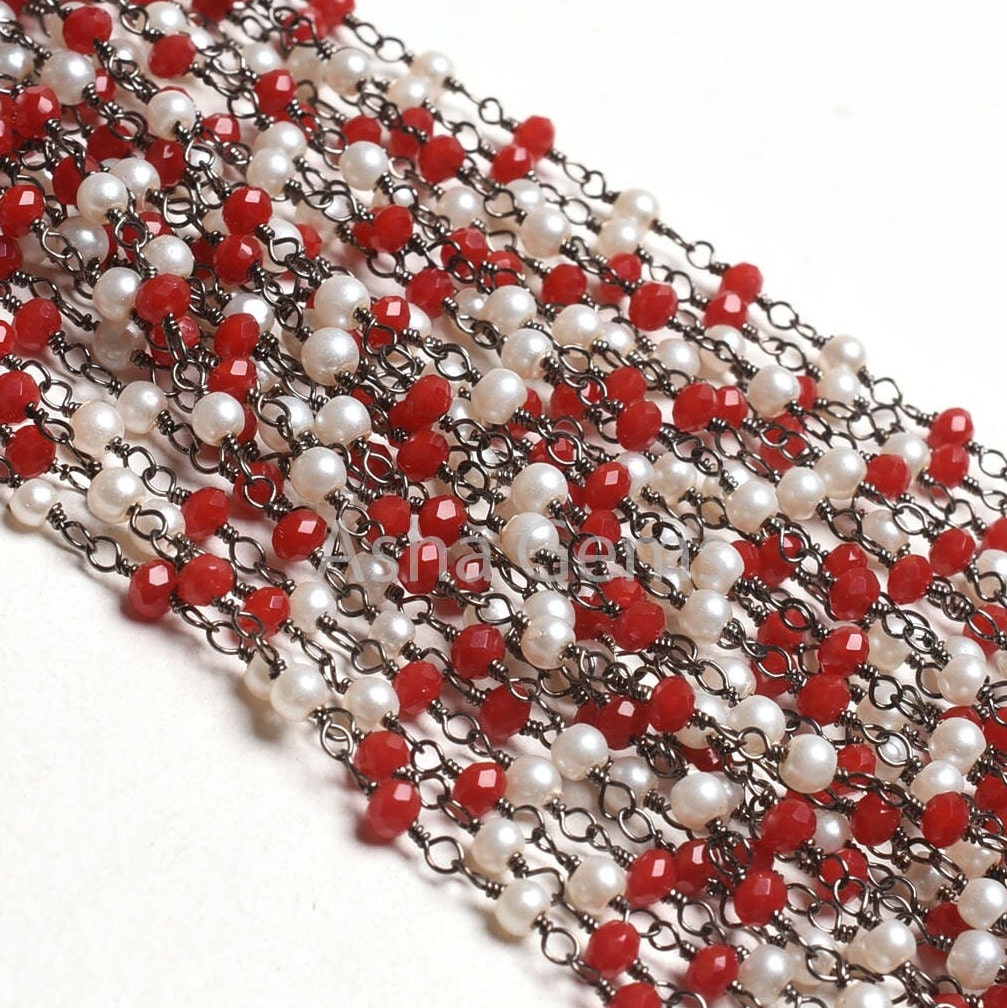 Beautiful Pearl Red Ruby Hydro Beads Rosary Chain,3mm Black Plated Gunmetal Wire Wrap Handmade Beaded Chain For Necklace Making Jewelry SALE