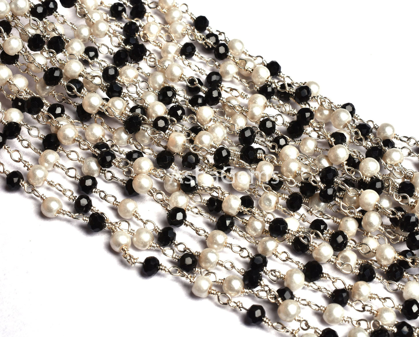 3,5,10,25,50 Feet Pearl Black Onyx Hydro Beads Rosary Chain Silver Plated Chain Faceted Rondelle Beads Rosary Chain Jewelry Making Chain DIY