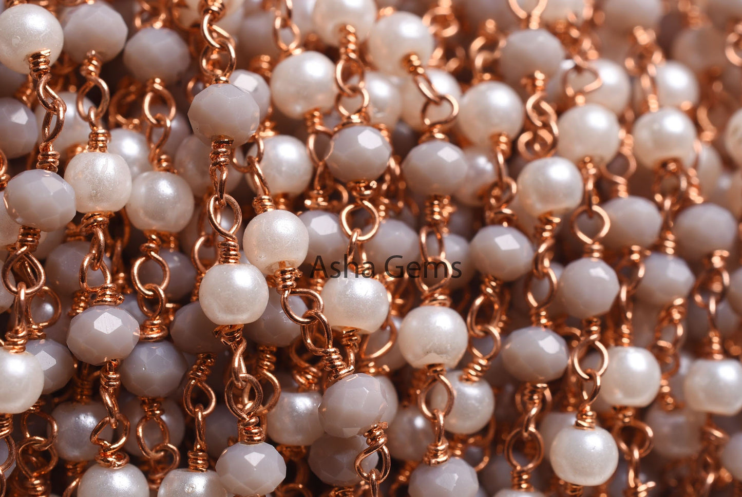 Rose Gold Plated White Pearl Grey Moonstone Hydro Beads Rosary Chain, Faceted Rondelle Beads Wire wrapped Bulk Rosary Chain, Jewelry Making