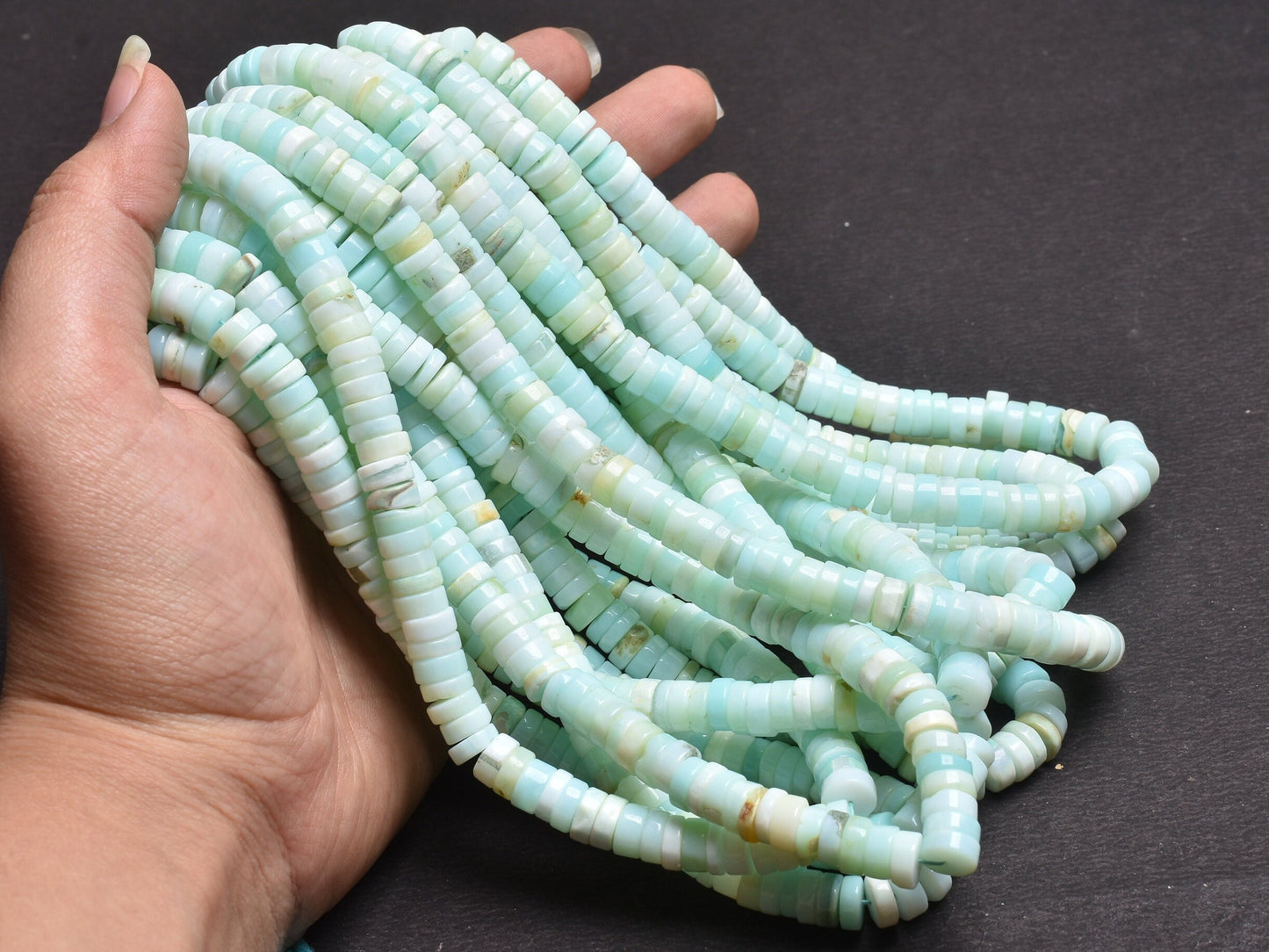 8mm Peru Sky Blue Opal Smooth Tyre Shape Handmade Gemstone Beads Light Blue Opal Plain Heishi Tyre Center Drill Opal Bead Jewelry Craft SALE