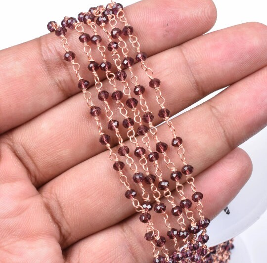 SALE 3,5,10,25 Ft Rhodolite Garnet Hydro Faceted Rondelle Beaded Rosary Chain Rose Gold Plated Wire,Jewelry Making Finding, Chain 3-3.5mm
