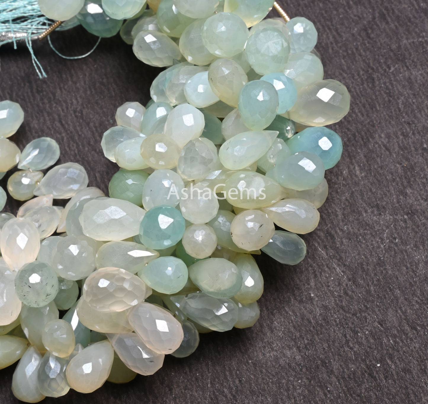 Fine Shaded Aqua Sea Green Chalcedony Silver Coated Drops Faceted Beads, Chalcedony Bead, Chalcedony Teardrop Briolette Jewelry Making Craft