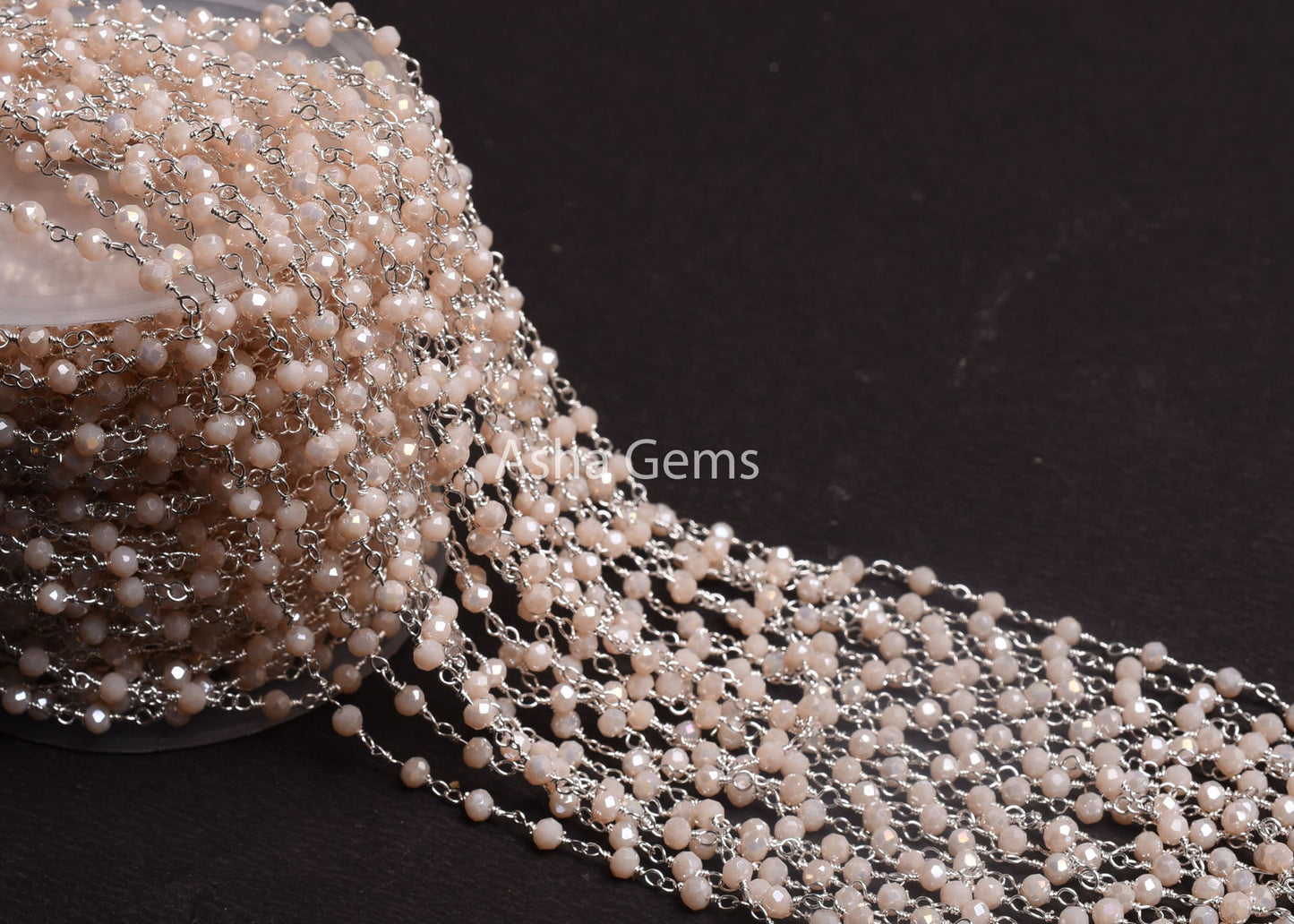 Silver Plated 3,5,10,25Ft,Pink Opal Hydro Coated Rondelle Faceted Beaded Rosary Chain Wire Bulk Roll Finding Chain 3-3.5mm Bead Rosary Chain