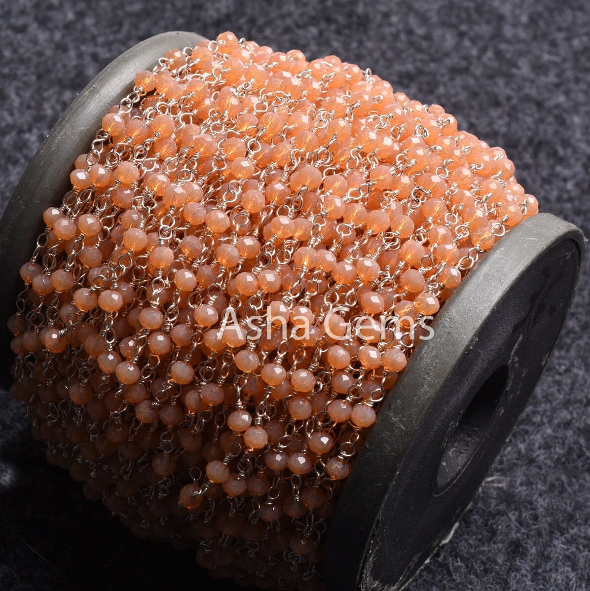 4 mm Peach Moonstone Hydro Faceted Rondelle Beads Rosary Chain By Foot Bulk Silver Plated Wire Wrapped Jewelry Necklace Making Crafts Chain
