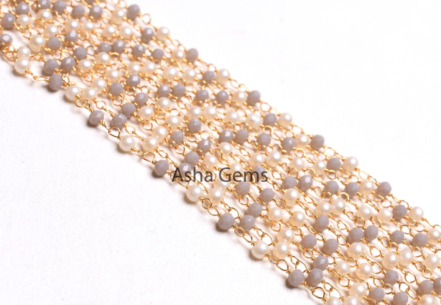 SALE Beautiful White Pearl, Grey moonstone Hydro Beads Rosary Chain, Faceted Rondelle Beaded Gold Plated, Wire Wrapped Jewelry Making Chain